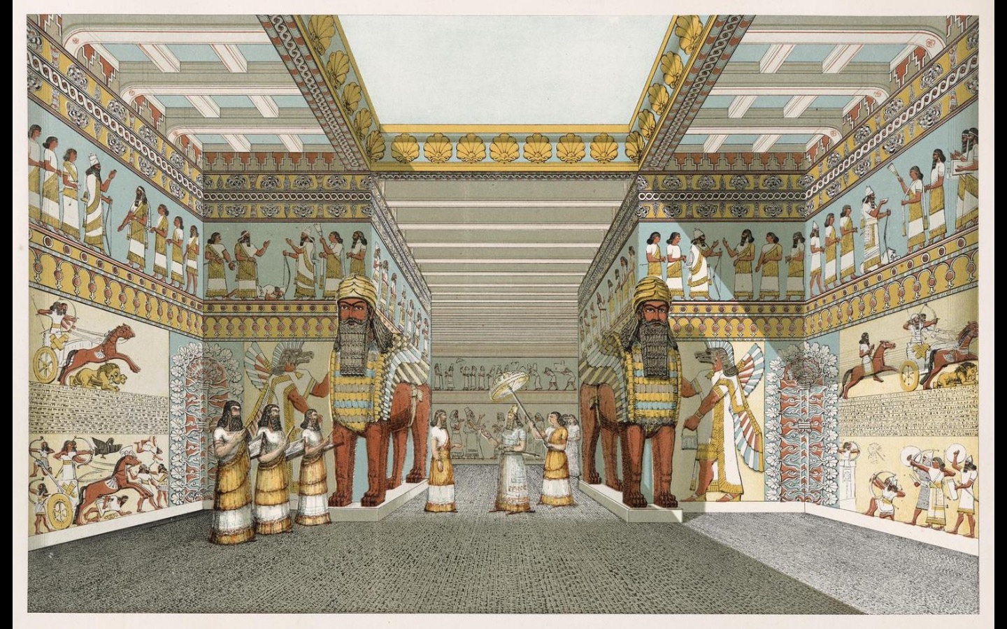 Photo of a restored print of a grand Assyrian hall decorated with relief sculptures depicting battle scenes on the walls. A group of women stand in the hall all dressed in plain dresses, with one woman in centre view wearing more elaborate clothing, shaded by an umbrella held by another woman. Photo of a restored print of a grand Assyrian hall decorated with relief sculptures depicting battle scenes on the walls. A group of women stand in the hall all dressed in plain dresses, with one woman in centre view wearing more elaborate clothing, shaded by an umbrella held by another woman.