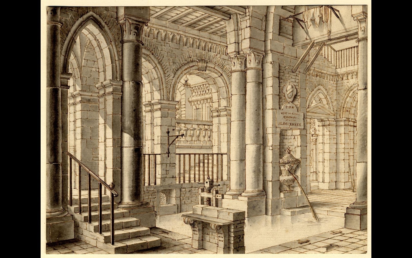 Photo of an 18th drawing of an imaginary marble palace interior Photo of an 18th drawing of an imaginary marble palace interior
