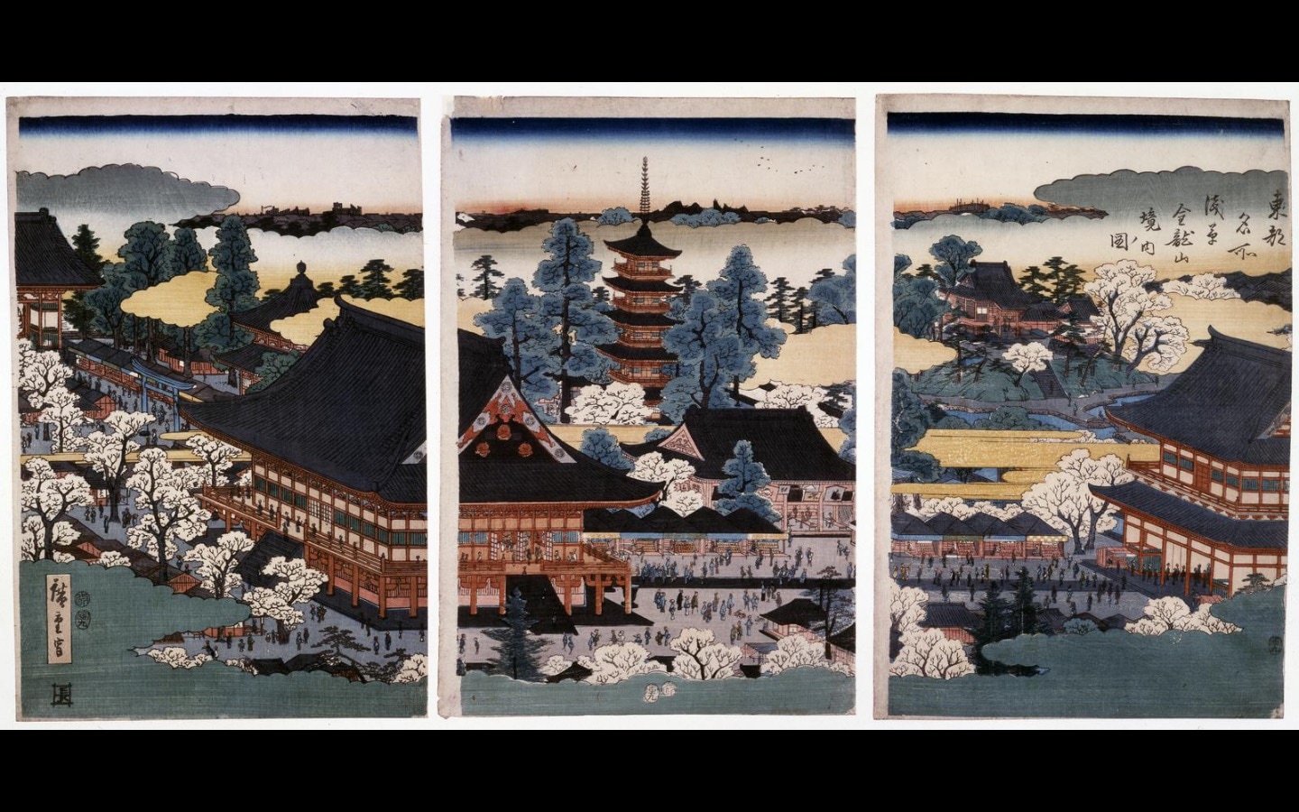 Photo of a Japanese Triptych print of Kinryuzan Sensoji Temple in Tokyo showing temples with blossom tress and foliage in the foreground and distant hills in the background Photo of a Japanese Triptych print of Kinryuzan Sensoji Temple in Tokyo showing temples with blossom tress and foliage in the foreground and distant hills in the background