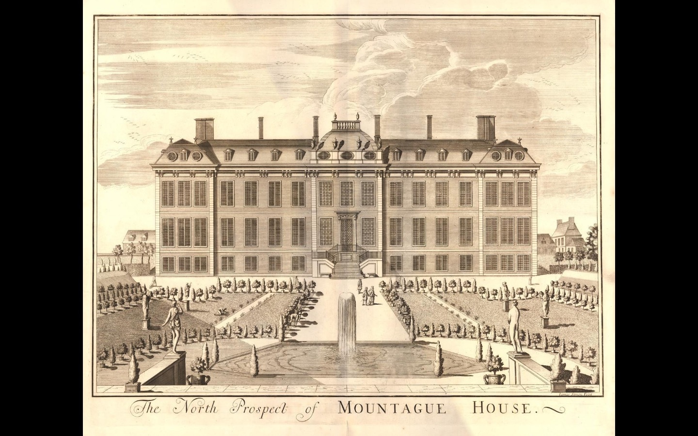 Photo of an old etching and engraving of the north prospect of Montagu House, a large mansion with a mansard roof and three storeys. In front of the mansion is a large, traditional English garden with pavements, trees and statues Photo of an old etching and engraving of the north prospect of Montagu House, a large mansion with a mansard roof and three storeys. In front of the mansion is a large, traditional English garden with pavements, trees and statues
