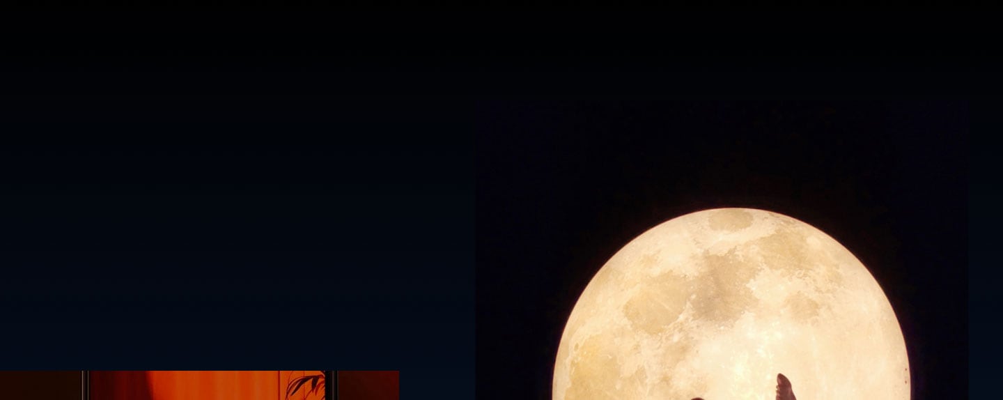Erstes Bild: Eine in orangefarbenes Licht getauchte Frau auf dem Display eines Geräts, das in einer Hand gehalten wird. Zweites Bild: Ein junges Mädchen mit einem Pferdeschwanz, das mit dem Mond im Hintergrund ihr Bein in die Höhe schwingt.