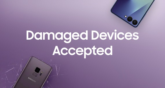 Galaxy Smartphone from the bottom left corner and Galaxy Z Flip7 from the top right corner with "Damaged Devices Accepted" written in the middle