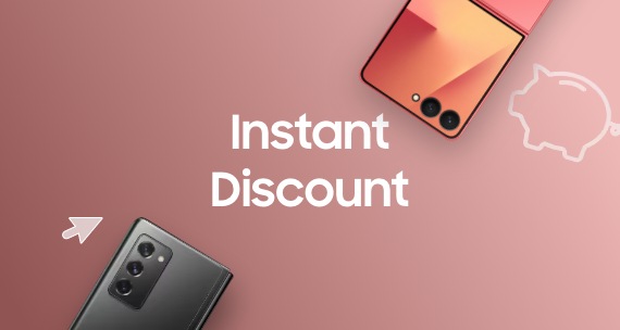 Older Galaxy smartphone in Black from the bottom left corner and Galaxy Z Flip7 from the top right corner with "Instant Discount" written in the middle