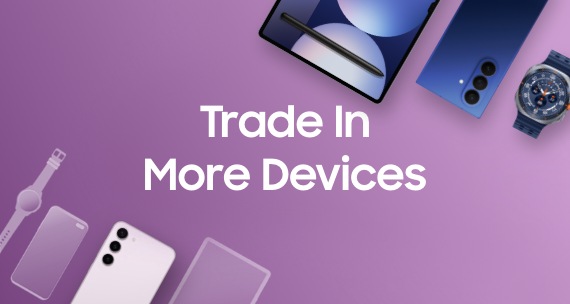 Cream Galaxy Z Fold5 along with white silhouettes of smartwatch, smartphone and tablet from the bottom left corner and Galaxy Tab S9, S25 Ultra and Galaxy Watch6 from the top right corner with "Trade In More Devices" written in the middle