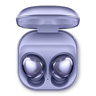 Promotional headline and copy alongside a pair of violet Galaxy Buds Pro next to their colour-coordinated case.