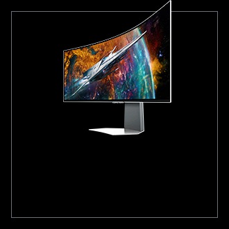 An Odyssey gaming monitor which is seen from the right side shows a grey and silver spaceship flying over a planet in orange and blue hues.