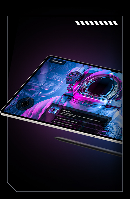 Tablette Galaxy Tab S9 en mode paysage avec un jeu d'action de science-fiction à l'écran. Un stylet S Pen noir est visible à côté de la tablette.