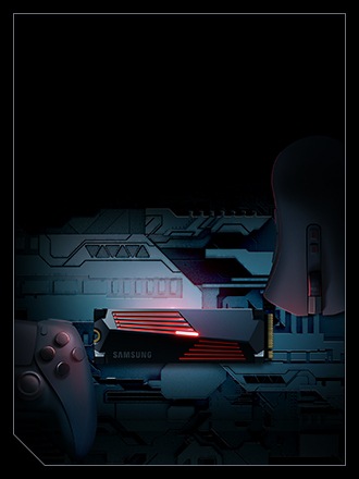 The 990 PRO with heatsink SSD is displayed in the centre with glowing parts, and half of a gaming controller can be seen at the left edge of the image.