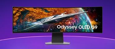 On the screen of an Odyssey OLED G9 monitor, a grey and silver spaceship is flying over a planet in orange and blue hues. The words “Odyssey OLED G9” are shown in the bottom right corner of the screen.