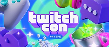 TwitchCon logo is shown in the centre over a blue and turquoise swirl background. Right below the logo is a blue square with rounded corners that reads Paris 2023. Game controller, headphone, speech bubble and other graphic icons surround the TwitchCon logo, indicating what the TwitchCon is about.