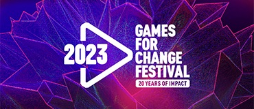 Games for Change Festival logo is shown in the centre which is specially designed for its 20th anniversary in 2023. The background in hues of blue, pink and purple is filled with irregular patterns of neon pink lines.