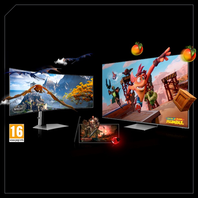 A Samsung gaming monitor and Galaxy S23 Ultra on a black background.