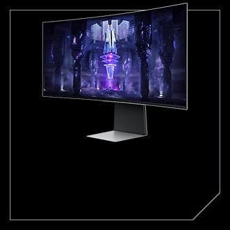 A Galaxy S23 (front and back view) next to a Samsung OLED G7 Gaming monitor on a black background