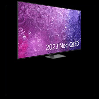 A 2023 Neo QLED 8K gaming TV standing on a black background.