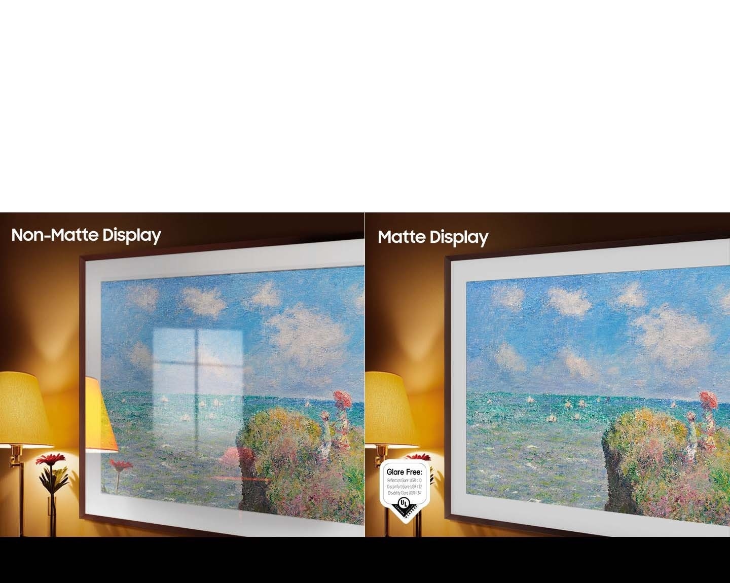 The same artwork is shown in both Conventional and Matte Display. The Conventional display has light reflections near a lamp while the Matte Display does not. The Glare Free logo that's been certified Reflection Glare UGR<10, Discomfort Glare UGR<22, Disability Glare UGR<34 are on display as well.