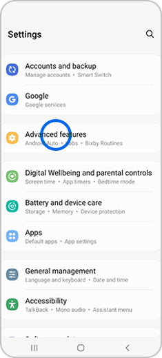 Advanced features selected in settings menu