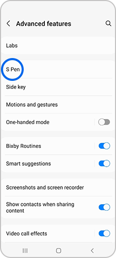 S Pen selected in Advanced features menu