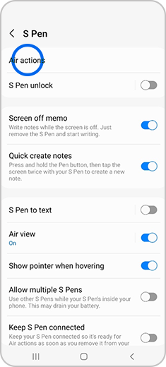 Air actions selected in S Pen menu