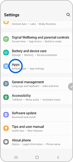 Apps selected in settings menu