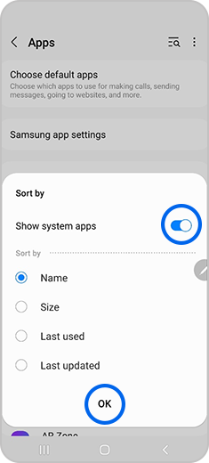 Show system apps and OK selected