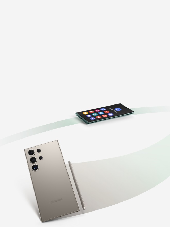 Close up image of a Titanium Grey Galaxy S24 Ultra with S Pen with a grey streak behind it to show movement of the smartphone to the left. Behind this is another Galaxy smartphone with a grey streak behind it to show movement of the smartphone in the opposite direction of the Galaxy S24 Ultra..