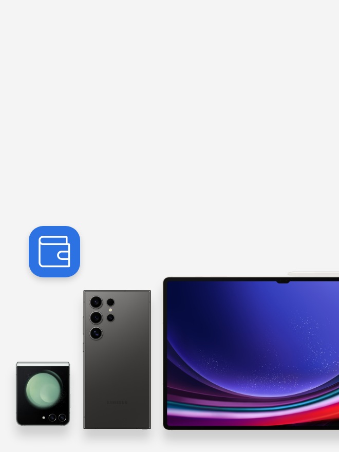 On the top left lies the Samsung Finance icon. Below this is a line up of Samsung products. Rear screen of Galaxy Z Flip5 next to camera view of a Galaxy S24 Ultra next to the screen of a Galaxy Tab S9 Ultra.