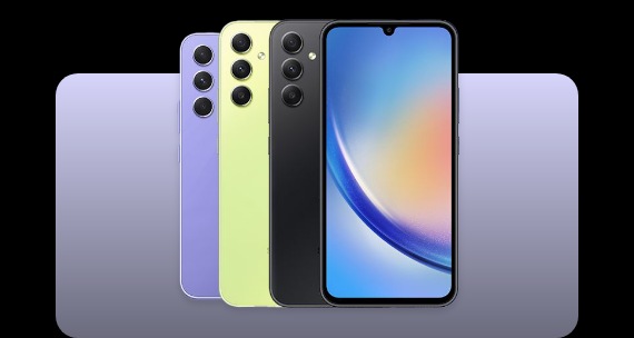 Rear view of 3 Galaxy A Series smartphones next to the screen view of another A Series smartphone