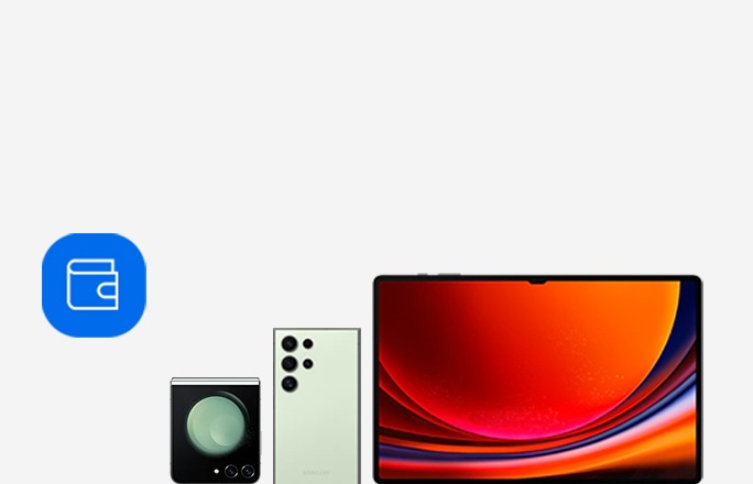 On the top left lies the Samsung Finance icon. Below this is a line up of Samsung products. Rear screen of Galaxy Z Flip5 next to camera view of a Galaxy S24 Ultra next to the screen of a Galaxy Tab S9 Ultra.