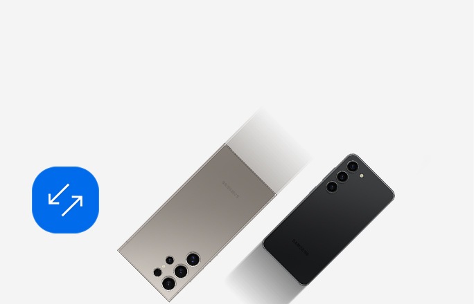 Close up image of a Titanium Grey Galaxy S24 Ultra with S Pen with a grey streak behind it to show movement of the smartphone to the left. Behind this is another Galaxy smartphone with a grey streak behind it to show movement of the smartphone in the opposite direction of the Galaxy S24 Ultra..