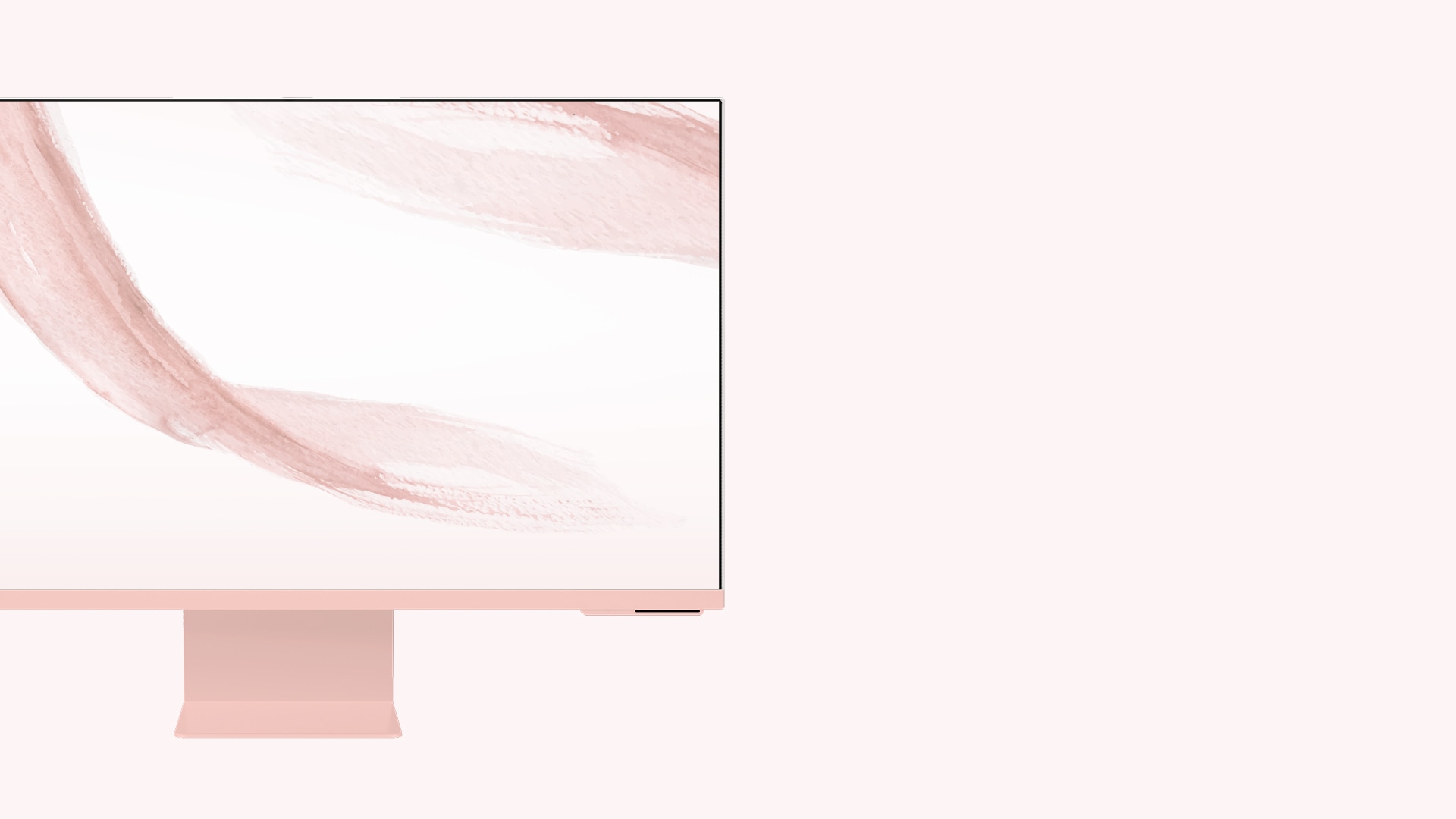 A pink monitor is shown with an abstract screen saver.