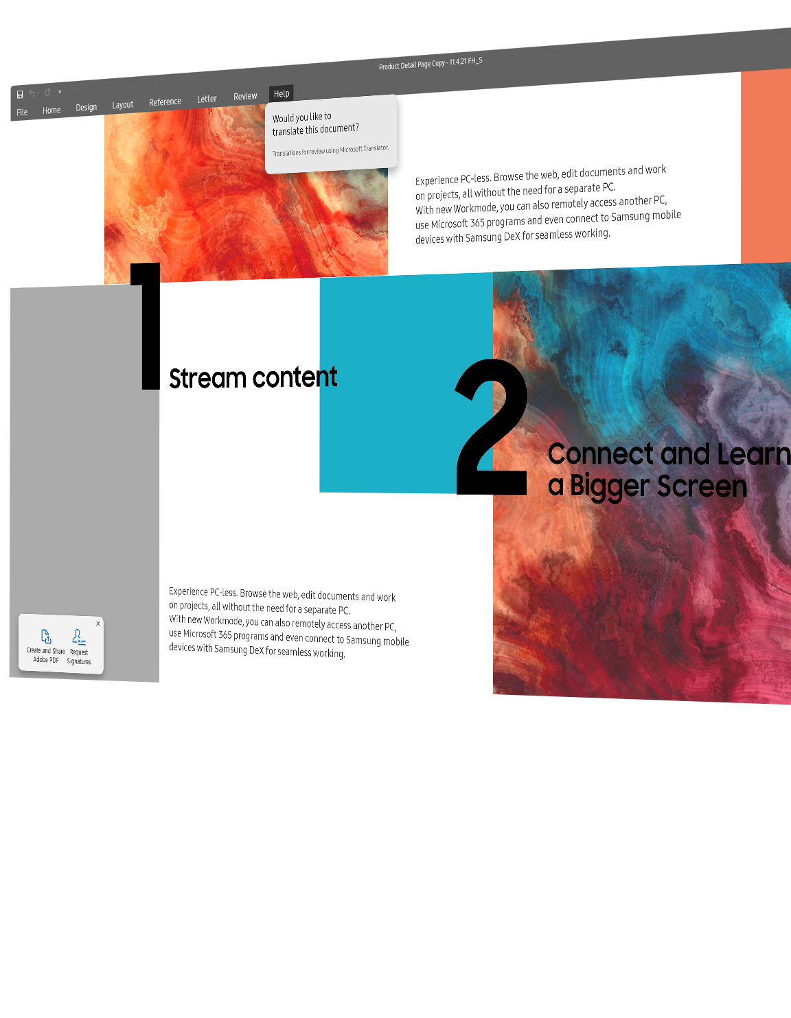 A word document is shown on the monitor screen. A document is being creating with abstract color paintings included throughout.