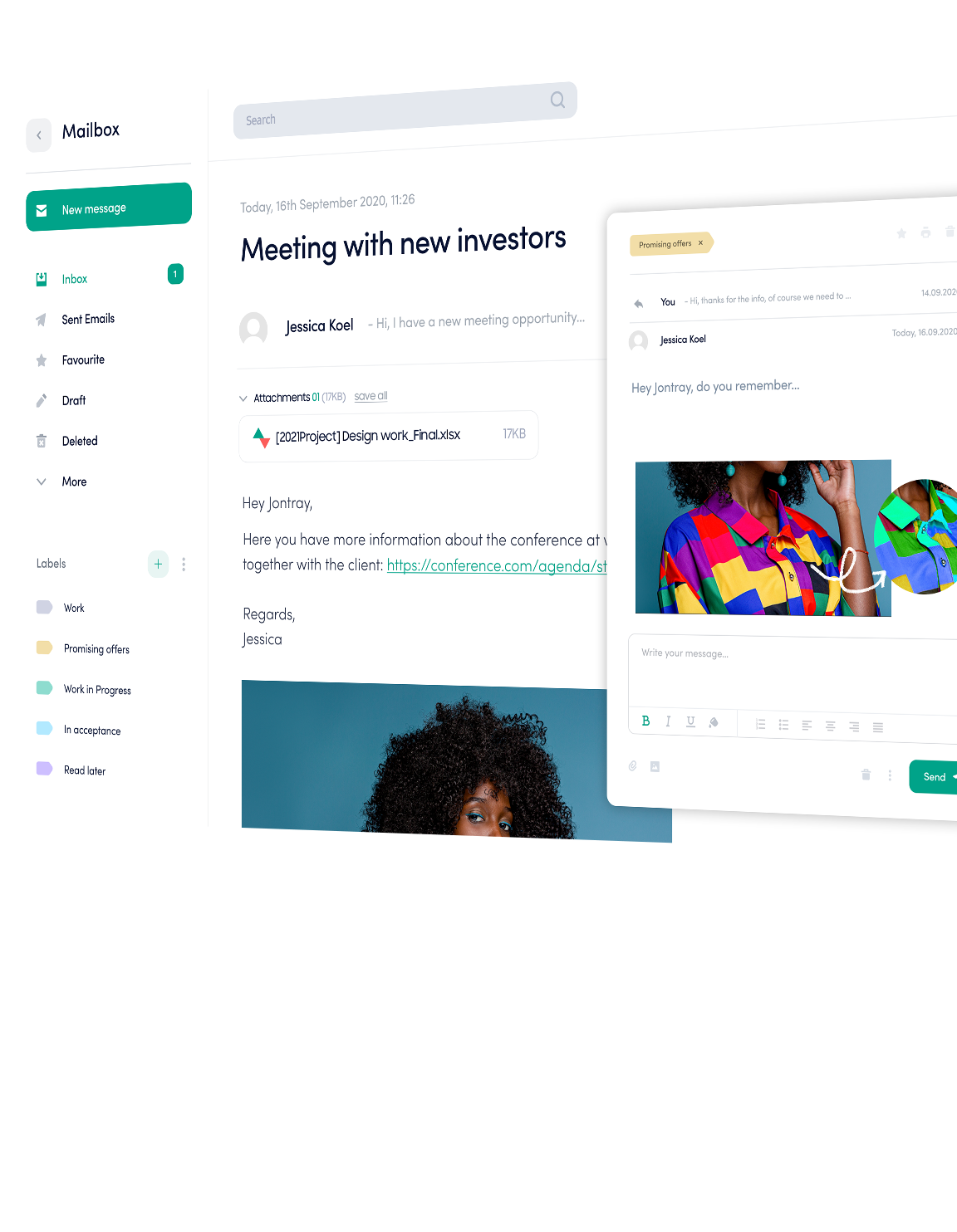 An email page is being shown. There is a pop out window of an email with a photo. The left of the page shows various folders within the application.