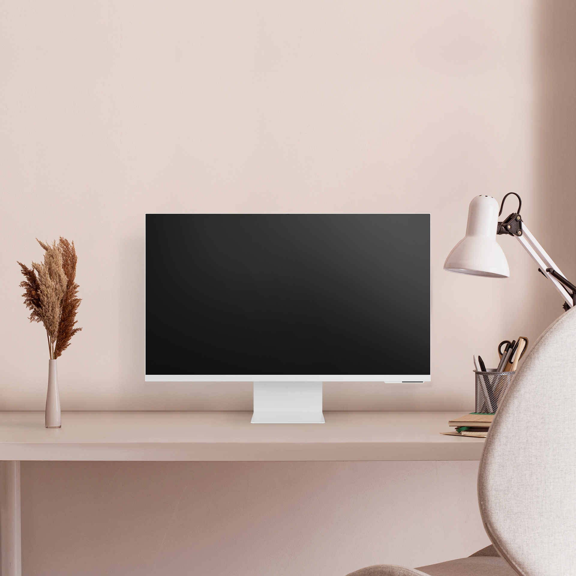 A Smart Monitor sits on top of a desk. On the monitor screen shows the Samsung SmartThings hub showing a layout of a person`s home. An icon inside the map indicates that a light is on. An icon of a person`s face appears with a chat bubble with the words “Hey Bixby, Play the Music!”. The screen transitions to a media player which begins to play a song. An icon with the same person`s face appears once again with a chat bubble with the words “Turn off the Lights, Good Night!”. The area where the Smart Monitor sits then goes dark.
