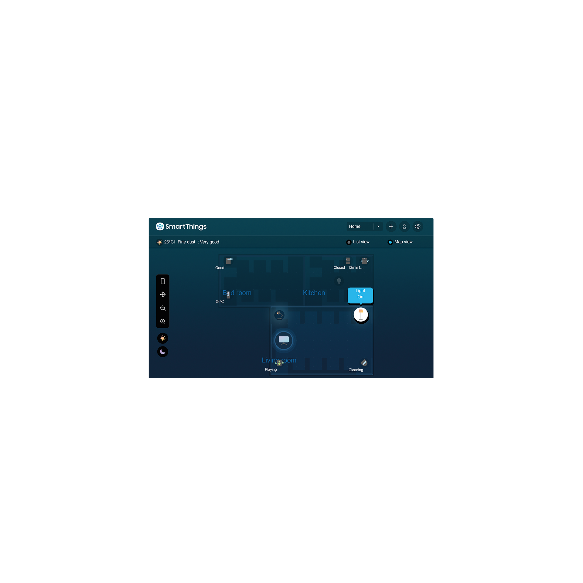 A Smart Monitor sits on top of a desk. On the monitor screen shows the Samsung SmartThings hub showing a layout of a person`s home. An icon inside the map indicates that a light is on. An icon of a person`s face appears with a chat bubble with the words “Hey Bixby, Play the Music!”. The screen transitions to a media player which begins to play a song. An icon with the same person`s face appears once again with a chat bubble with the words “Turn off the Lights, Good Night!”. The area where the Smart Monitor sits then goes dark.