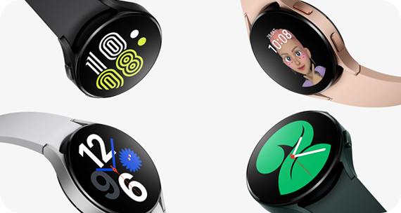 Four Galaxy Watches in a range of colours come in from the corners of the image. All have different watch faces.
