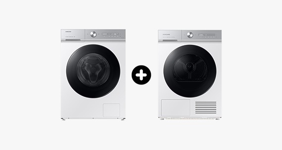 A washer and dryer are shown next to each other on a grey background