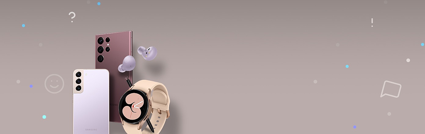 Galaxy S22 Ultra, Buds pro, Galaxy watch 4, Galaxy S22 arranged clockwise.