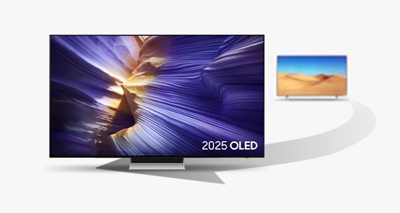 2025 OLED TV is shown in the front with an older TV at the back to showcase Trade Up