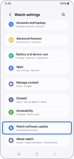 Watch settings screen with the Watch software update highlighted.