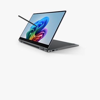 A Galaxy Book5 Pro360 with S Pen and a graphic on the screen