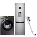 A Samsung laundry appliance, fridge freezer and vacuum cleaner are clustered together