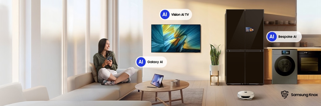 Various Samsung AI products are shown in a room