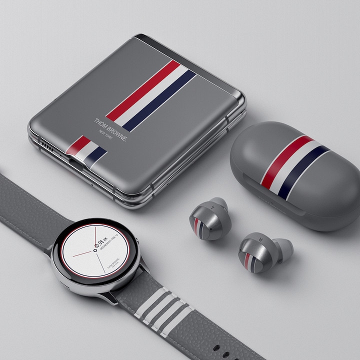 Samsung Galaxy Z Flip Thom Browne Edition, including Z flip, Galaxy Buds plus and Galaxy watch active 2, are neatly arranged with Thom Browne visual identity.
