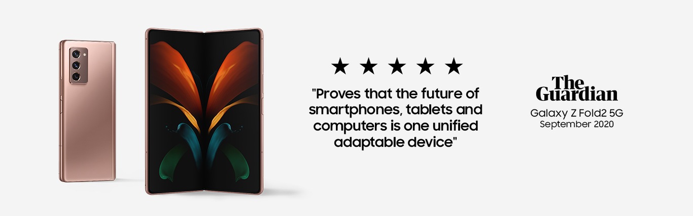Two rose gold, Mystic Bronze Samsung Galaxy Z Fold 2 fold phones stood upright, one folded in half the other with the foldable screen open. On the right is a 5 star rating and quote from The Guardian