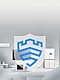 A white-toned living room featuring electronic devices, including a TV, refrigerator, air conditioner, laptop, and smartphone. A shield-shaped translucent white icon with a blue Knox icon is overlaid, and it is floating on the living room.