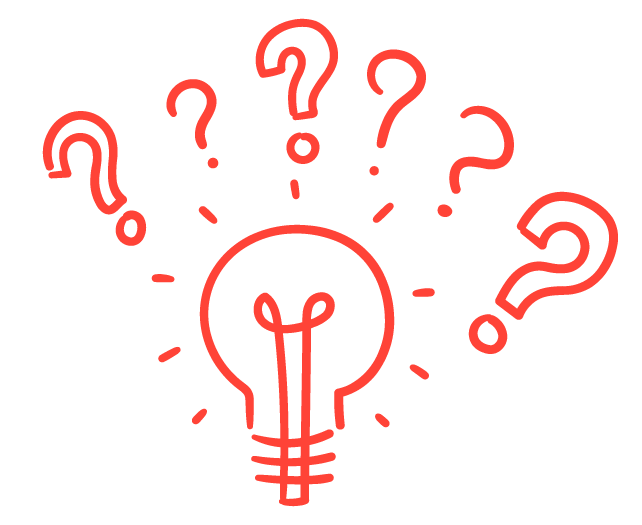 A red illustrated lightbulb is shown. Around it is a range of question marks. 