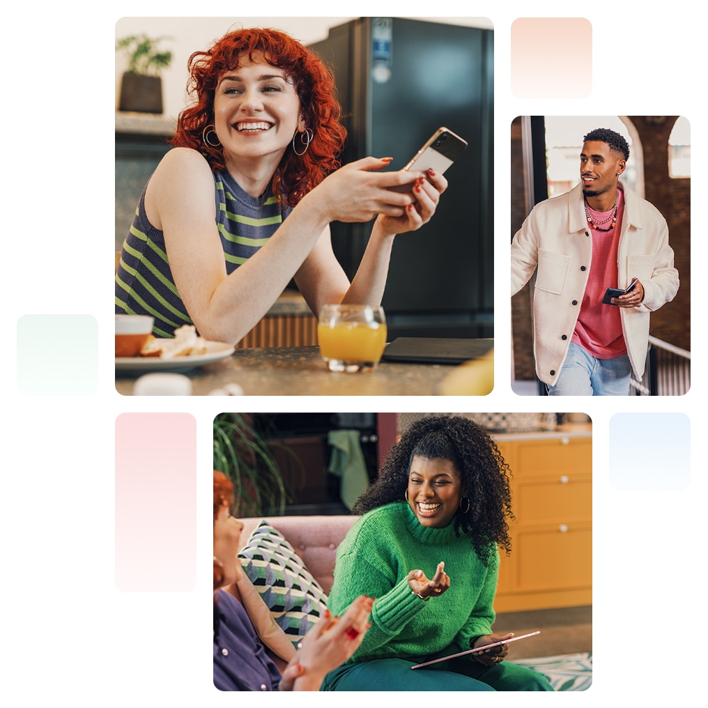 A collage of three photos is shown. On the top left is a lady with red hair holding a Samsung phone against a kitchen setting. To the right is a male in casual wear consisting of a jacket, red top and jeans and holding a Samsung Fold phone. Below these is a female in a green top in a living room setting, holding a tablet and talking to another female. 