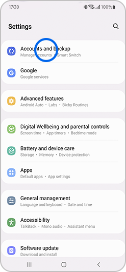 Accounts and backup selected in settings menu