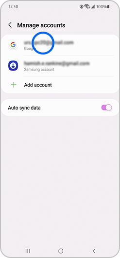 Google account selected in Manage accounts
