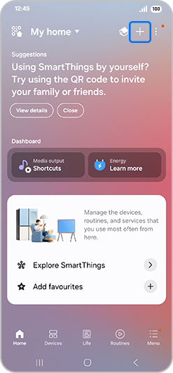 SmartThings home screen with “+” highlighted.